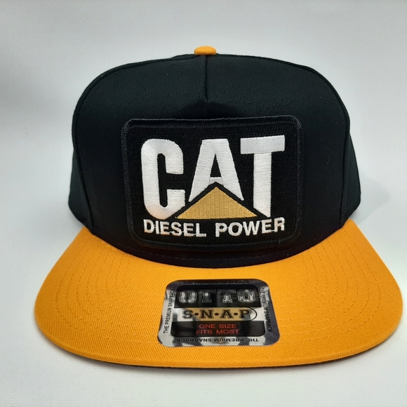 CAT Diesel Power Caterpillar Embroidered Patch Flat Bill Trucker Snapback Black - Picture 2 of 4